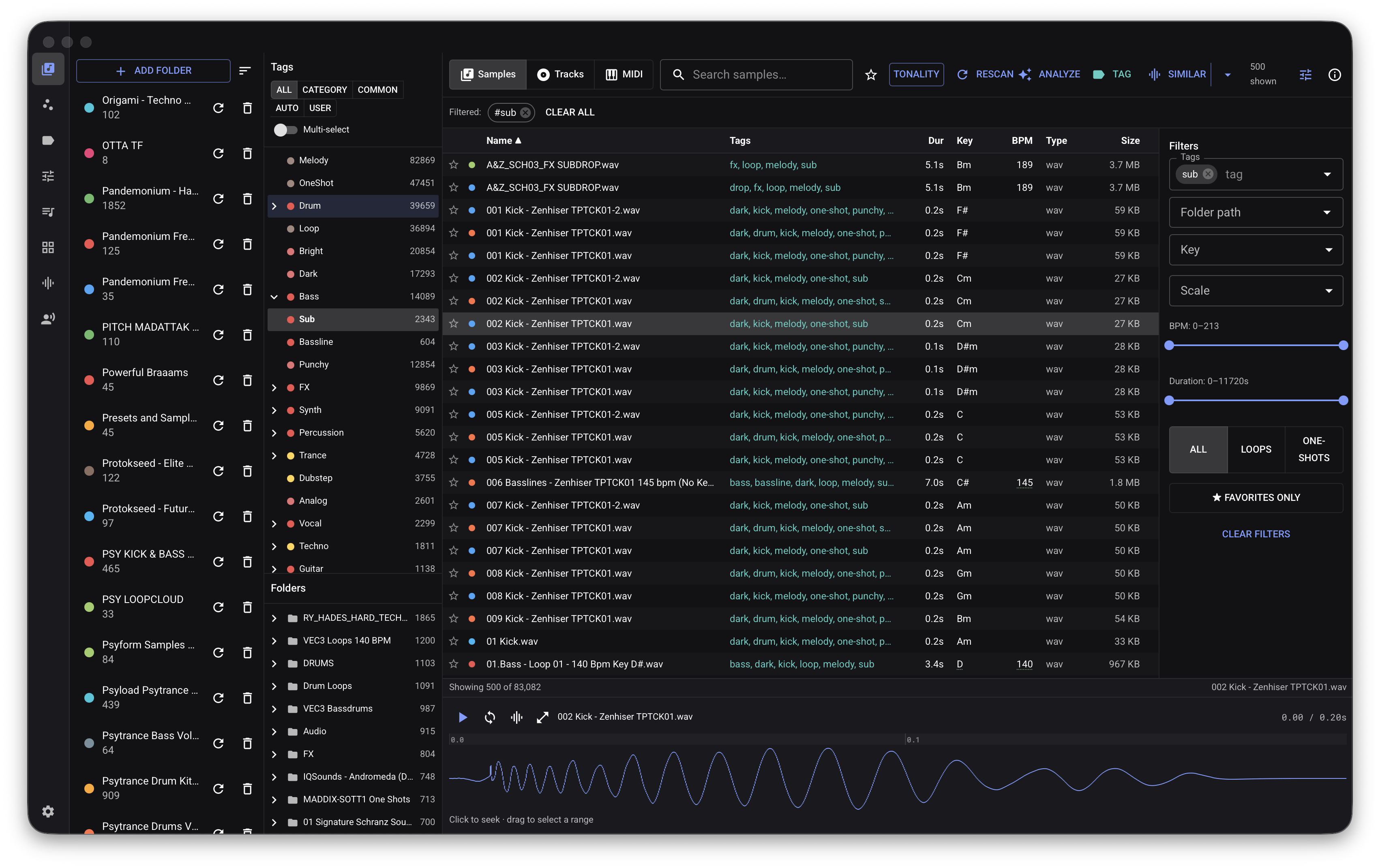 AudioVault sample browser with filters, a results table, metadata controls, and an audio waveform.