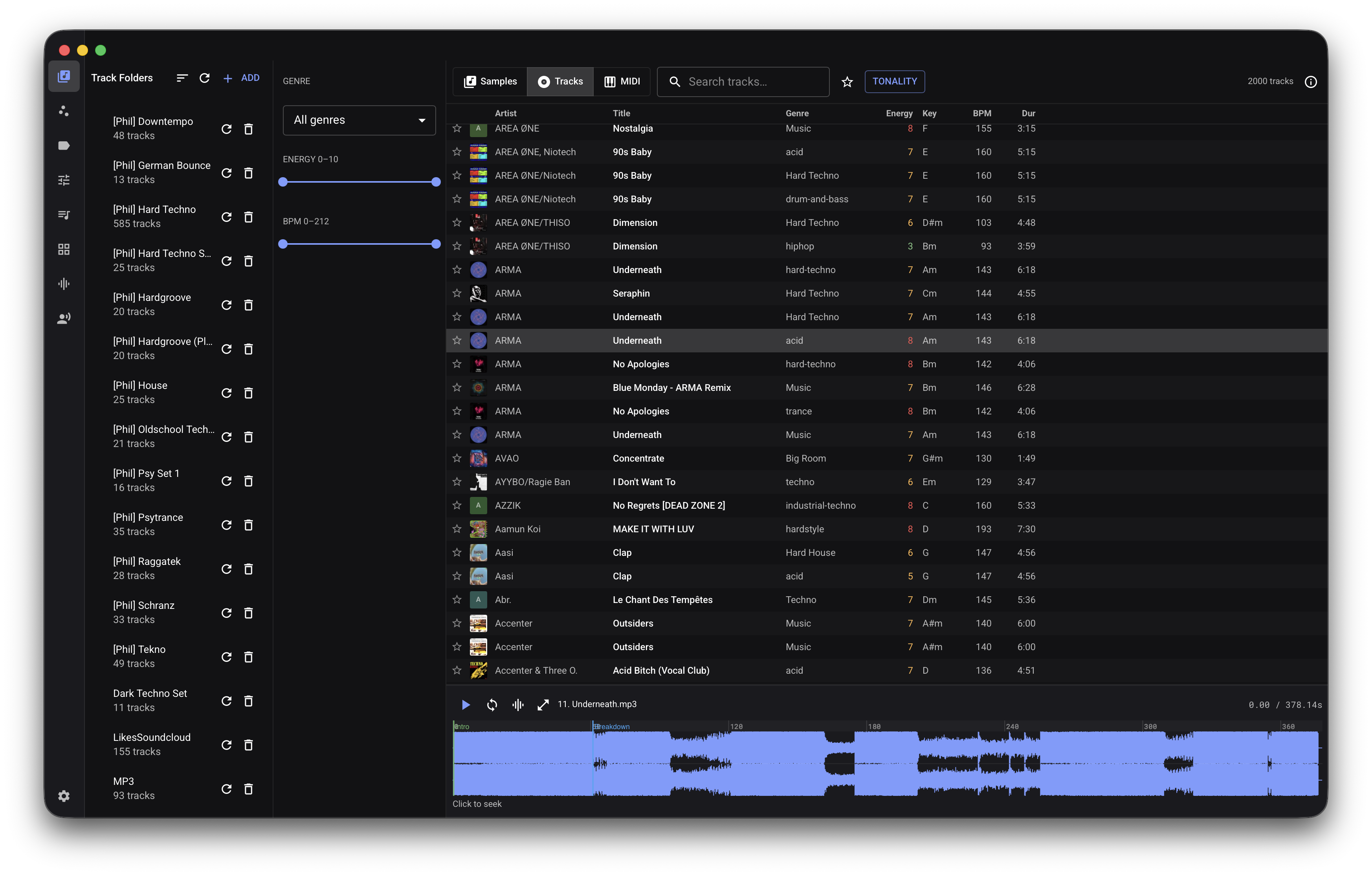 AudioVault track browser showing analyzed audio files, metadata columns, and a waveform preview.