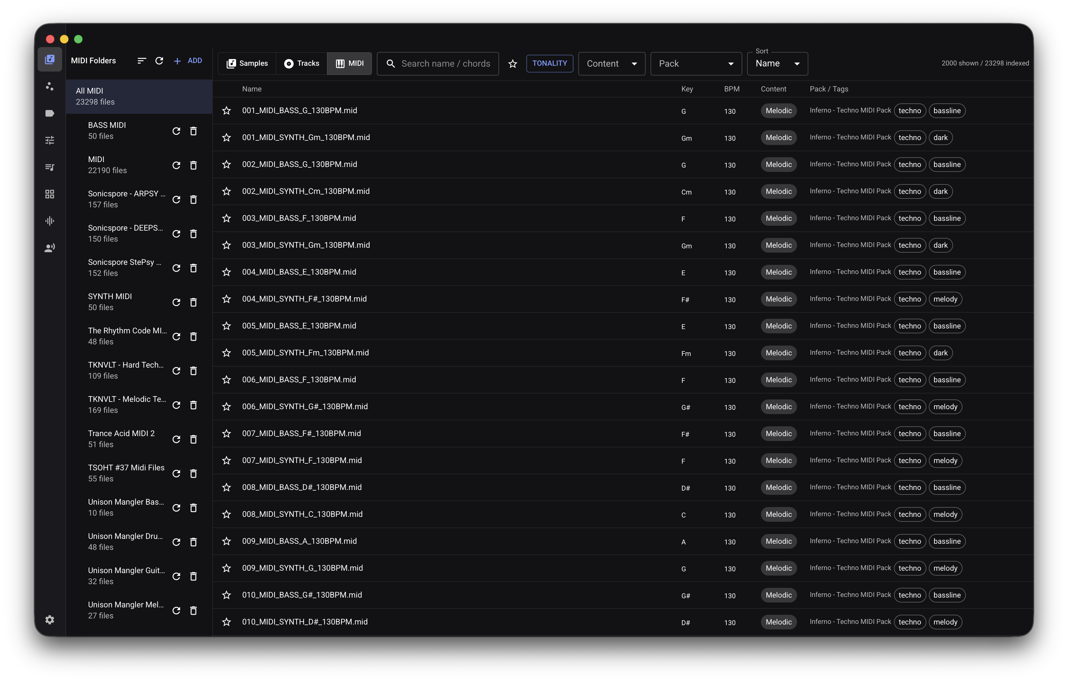 AudioVault MIDI browser with a folder tree, searchable file table, and analysis columns.
