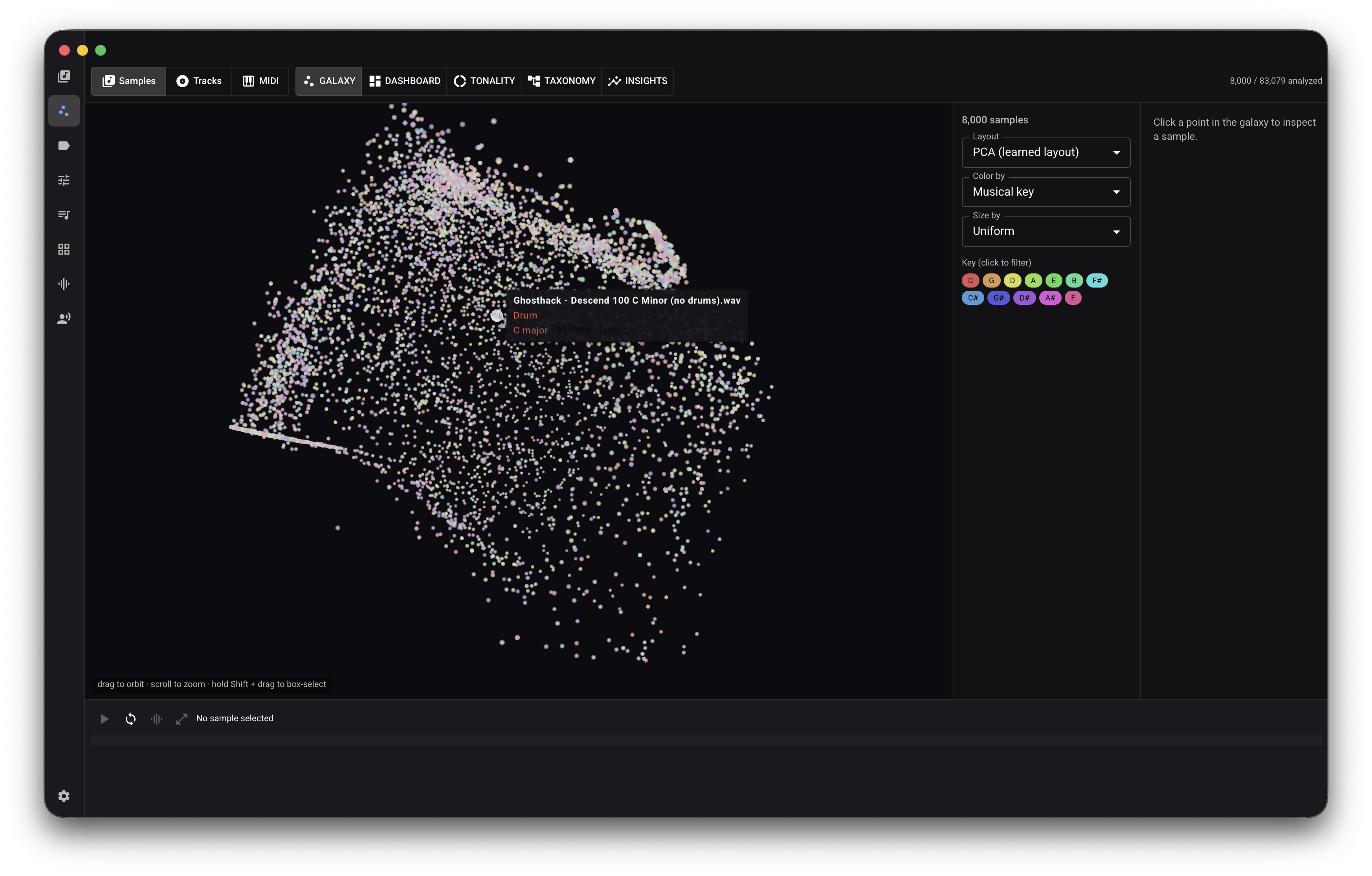 Interactive three-dimensional sample galaxy with thousands of colored points and cluster controls.