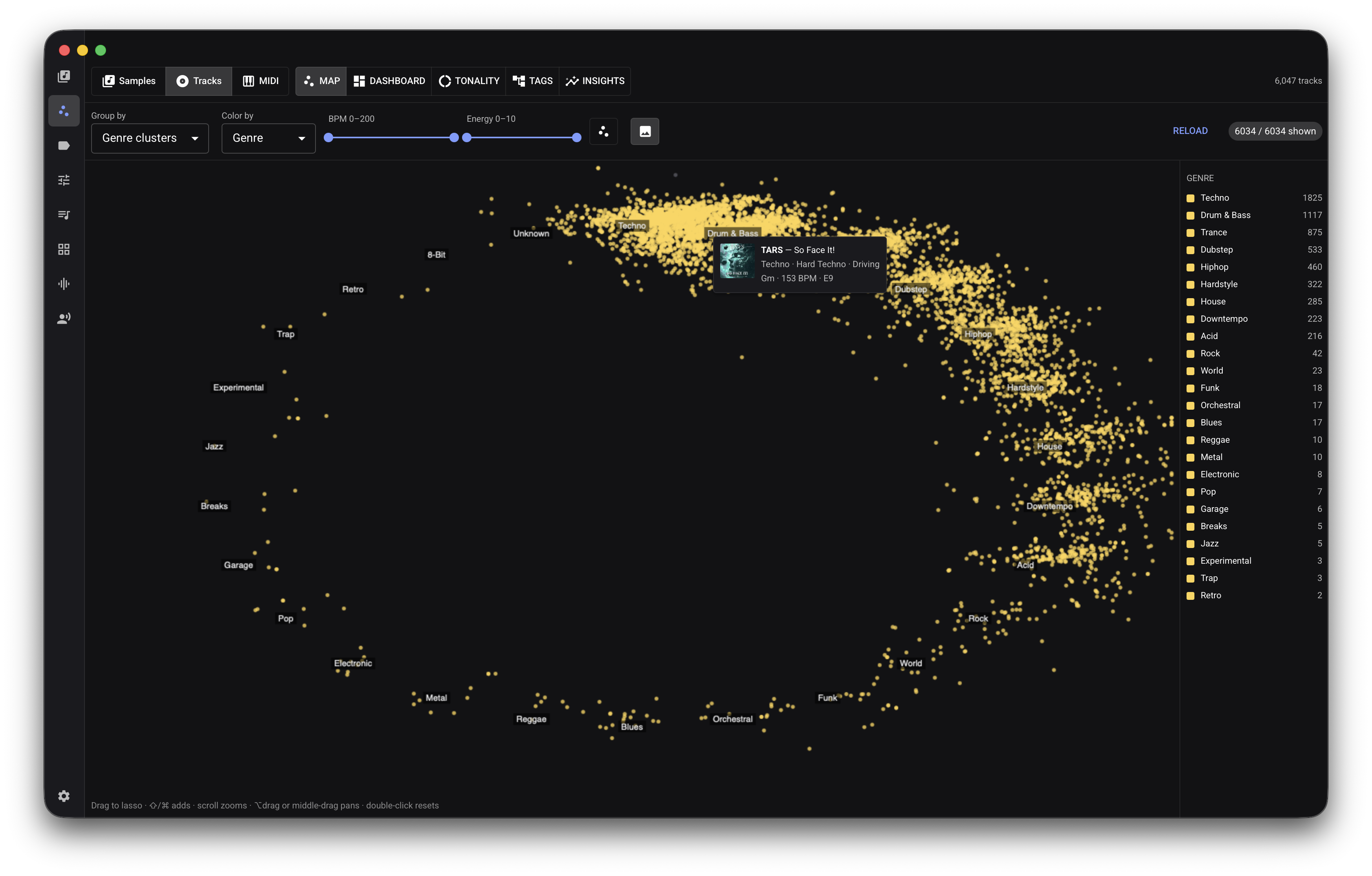 Three-dimensional map of track embeddings colored and labeled by genre clusters.