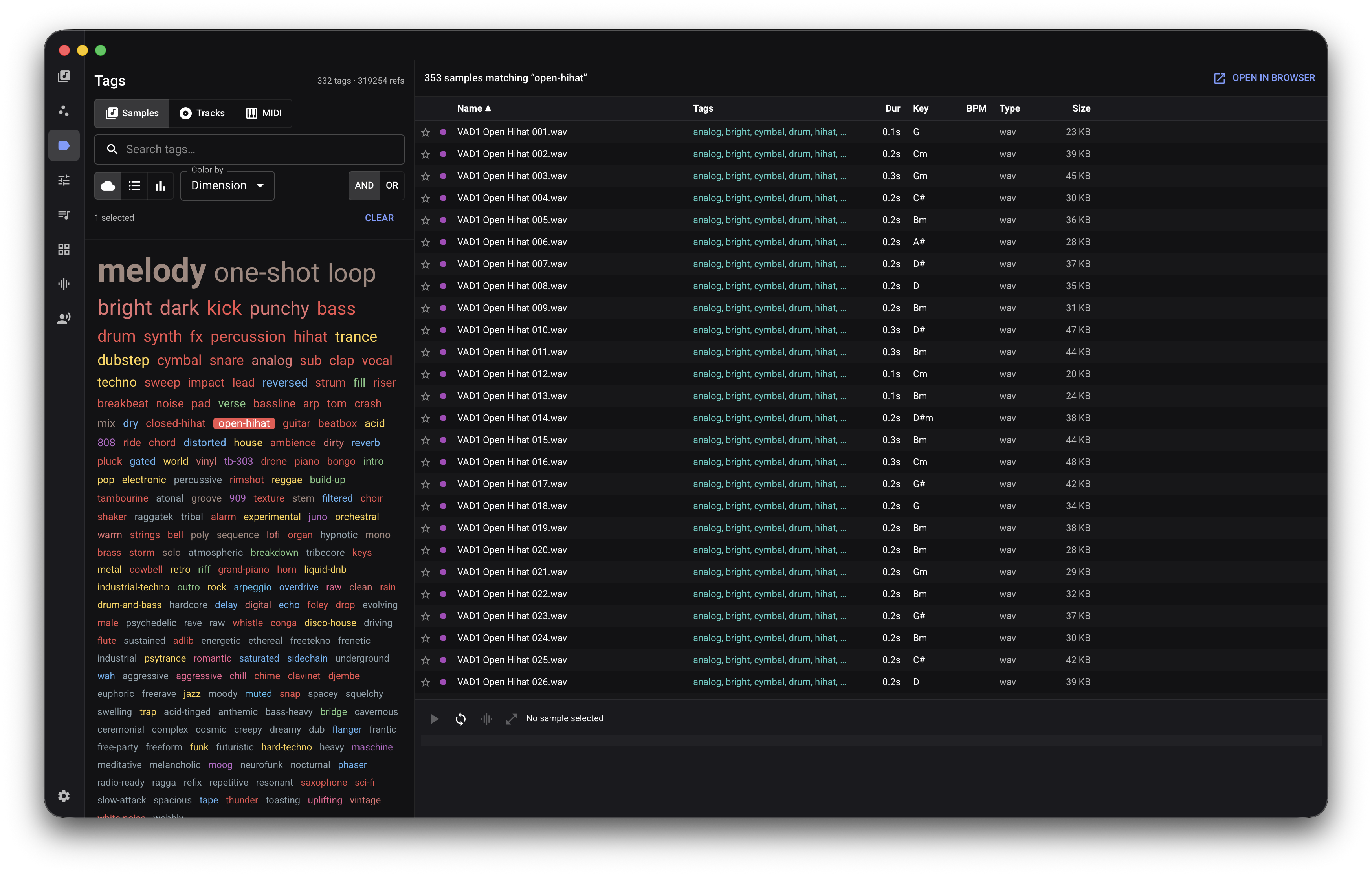 Sample browser with a multicolored tag cloud, active filters, and matching file results.