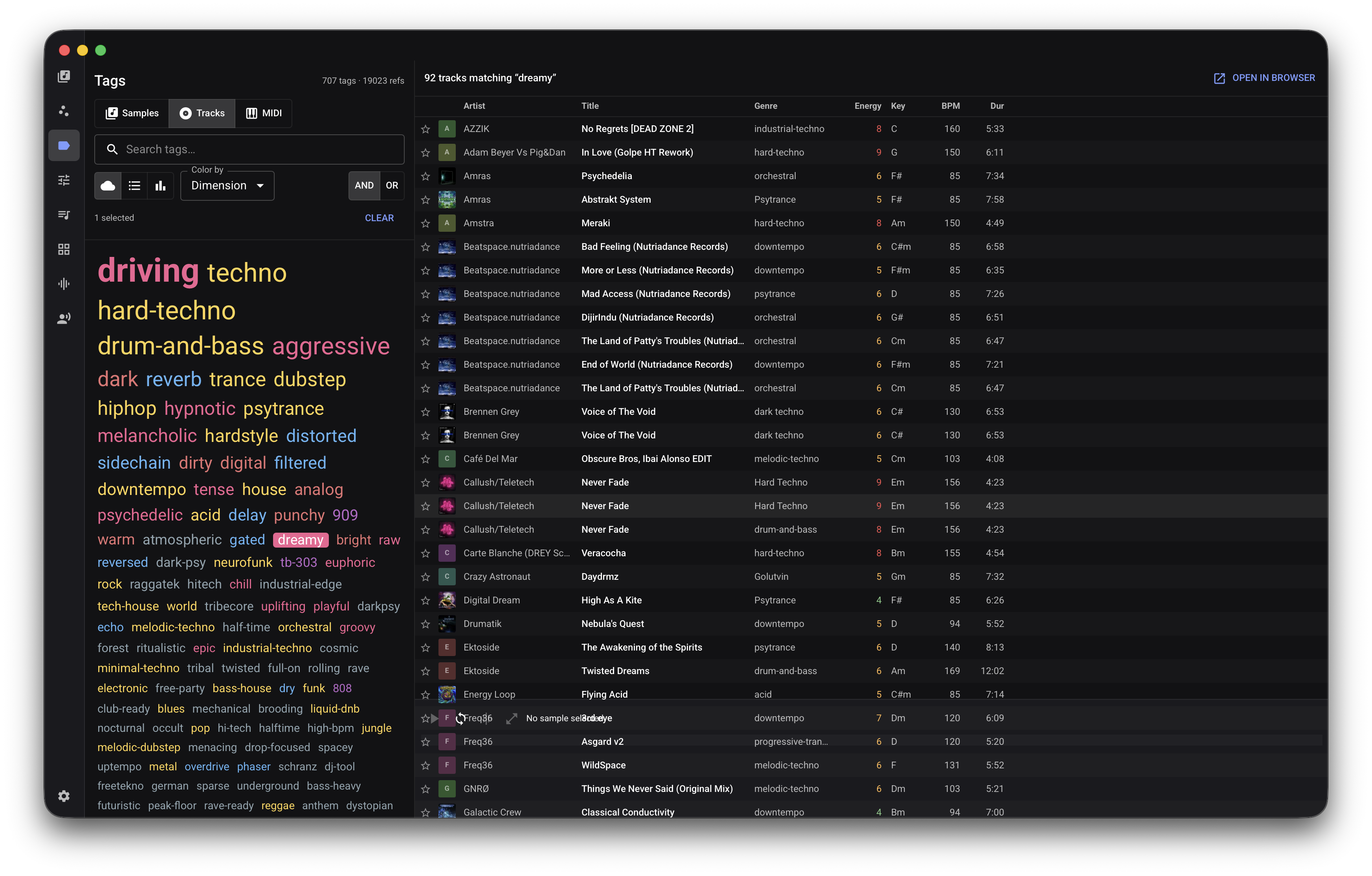 Track browser with a colorful tag cloud, selected facets, and a filtered results table.