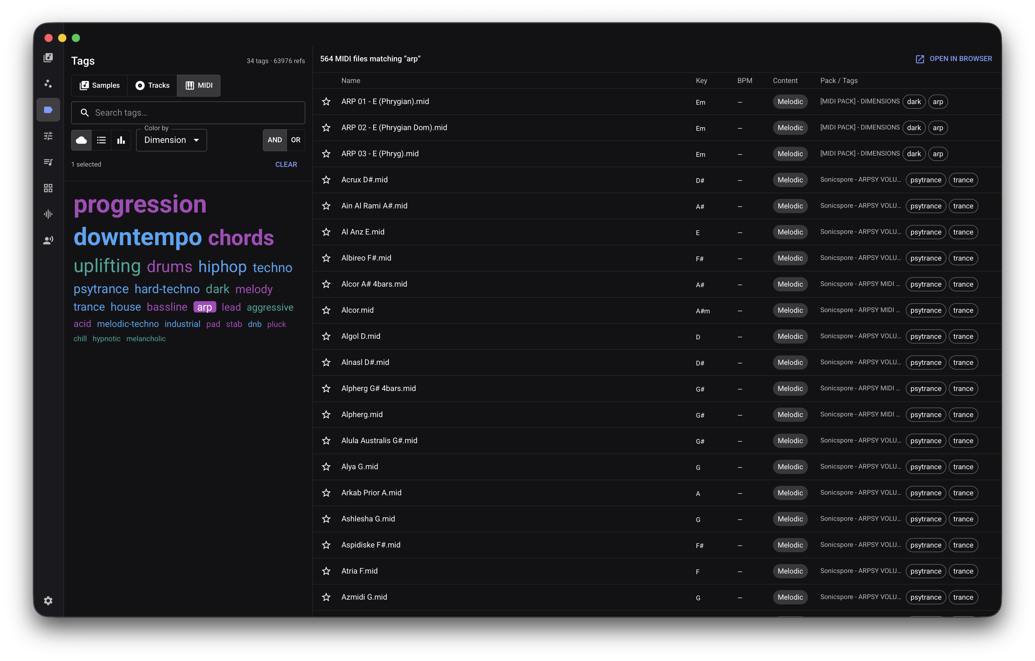 MIDI browser with a purple tag cloud, library filters, and matching pattern rows.