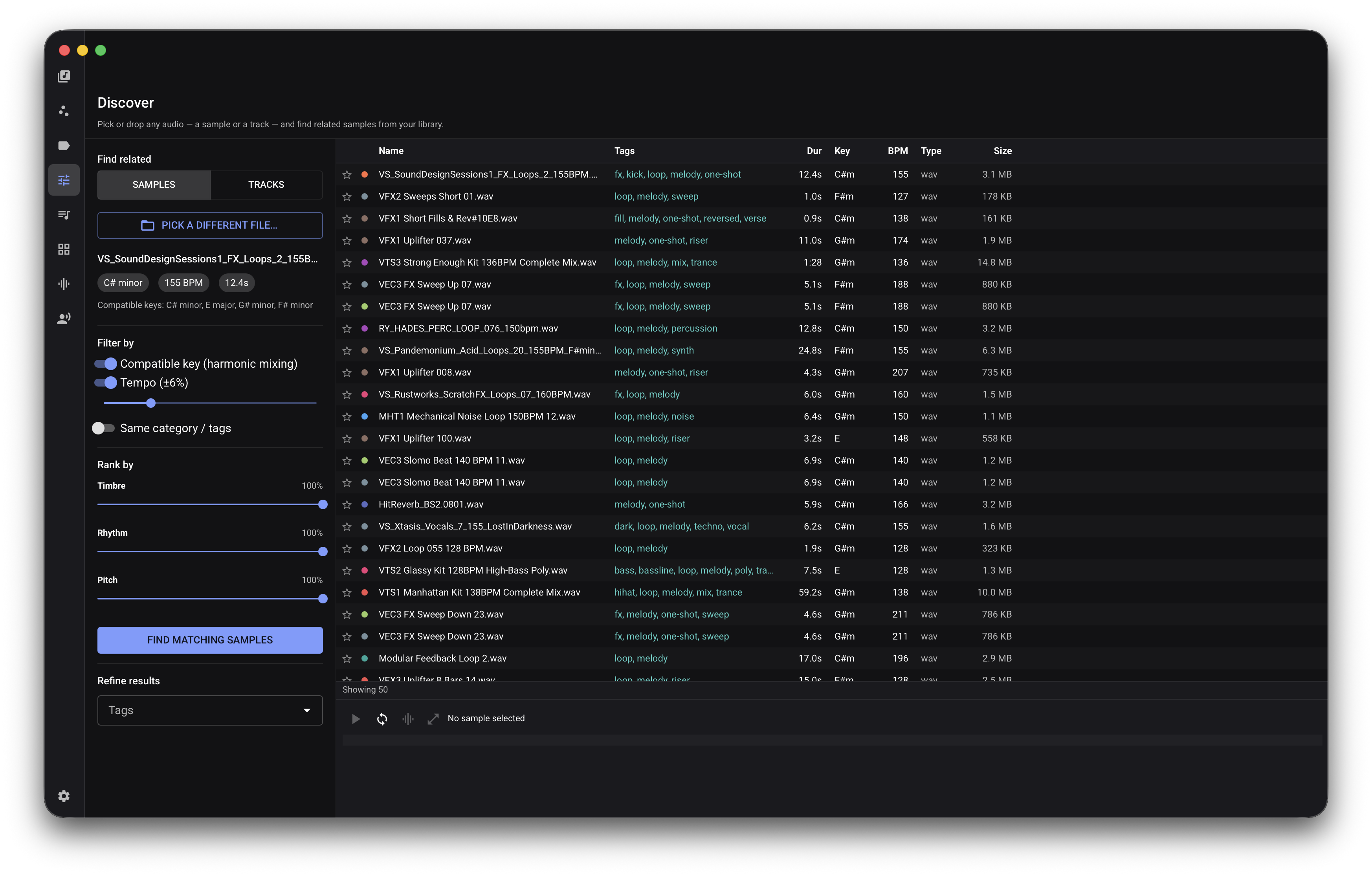 Similarity search workspace with a reference sample, filter controls, and ranked matching files.