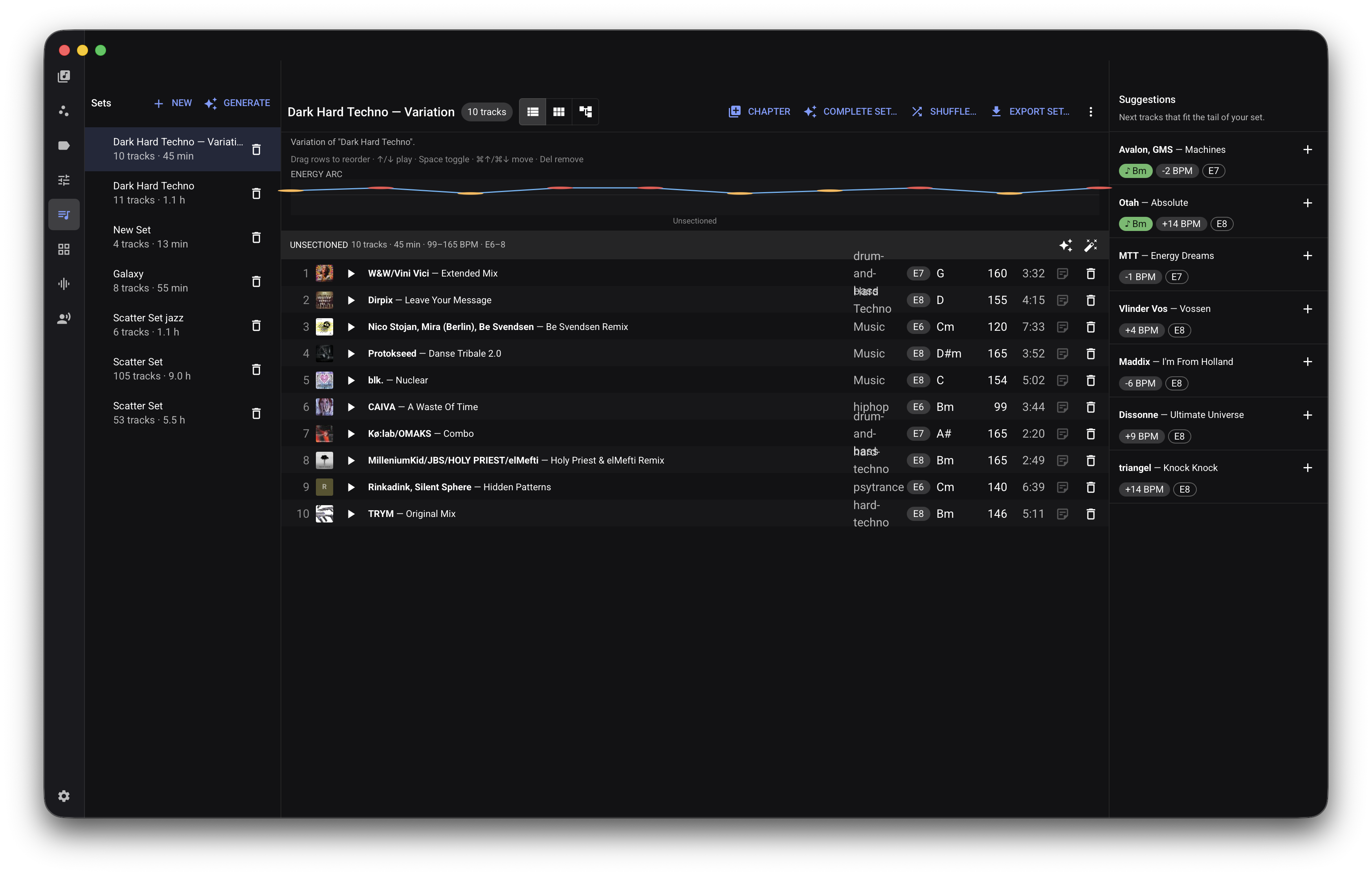 Track-set builder with source criteria, a selected track table, and validation indicators.
