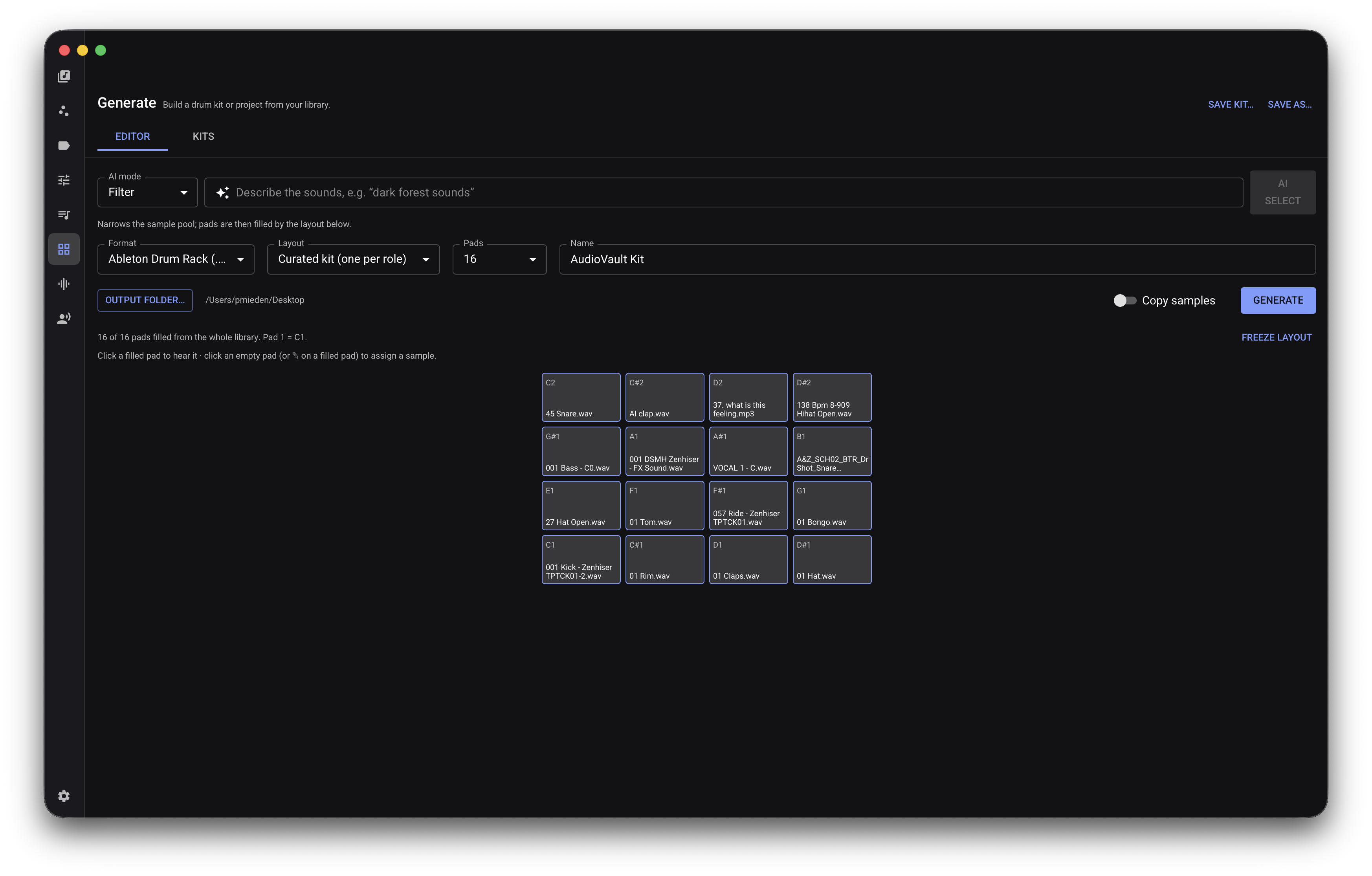 Drum-kit generator with configuration fields, generation controls, and a grid of assigned pads.