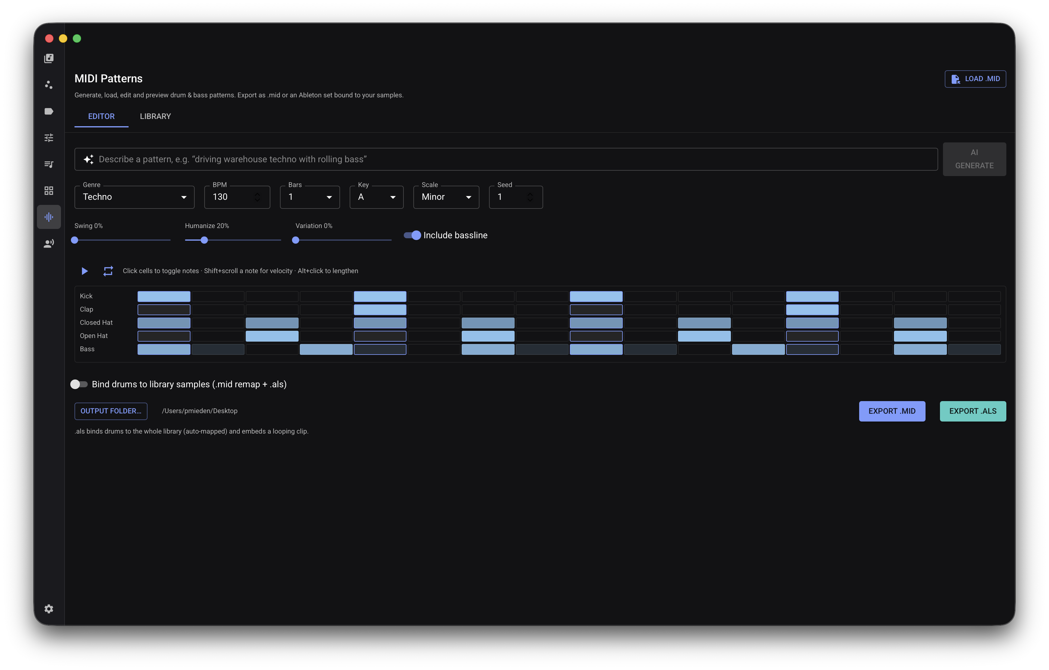 MIDI pattern editor with transformation controls and a blue piano-roll sequence.
