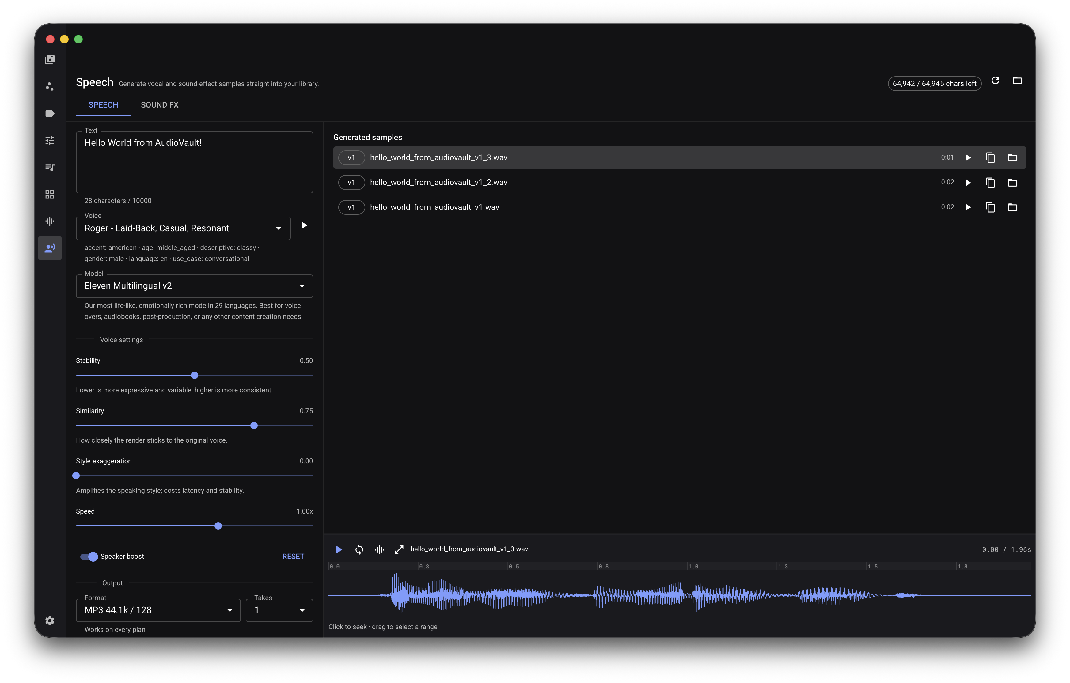 Speech generation workspace with voice settings, text prompts, generated items, and waveform preview.